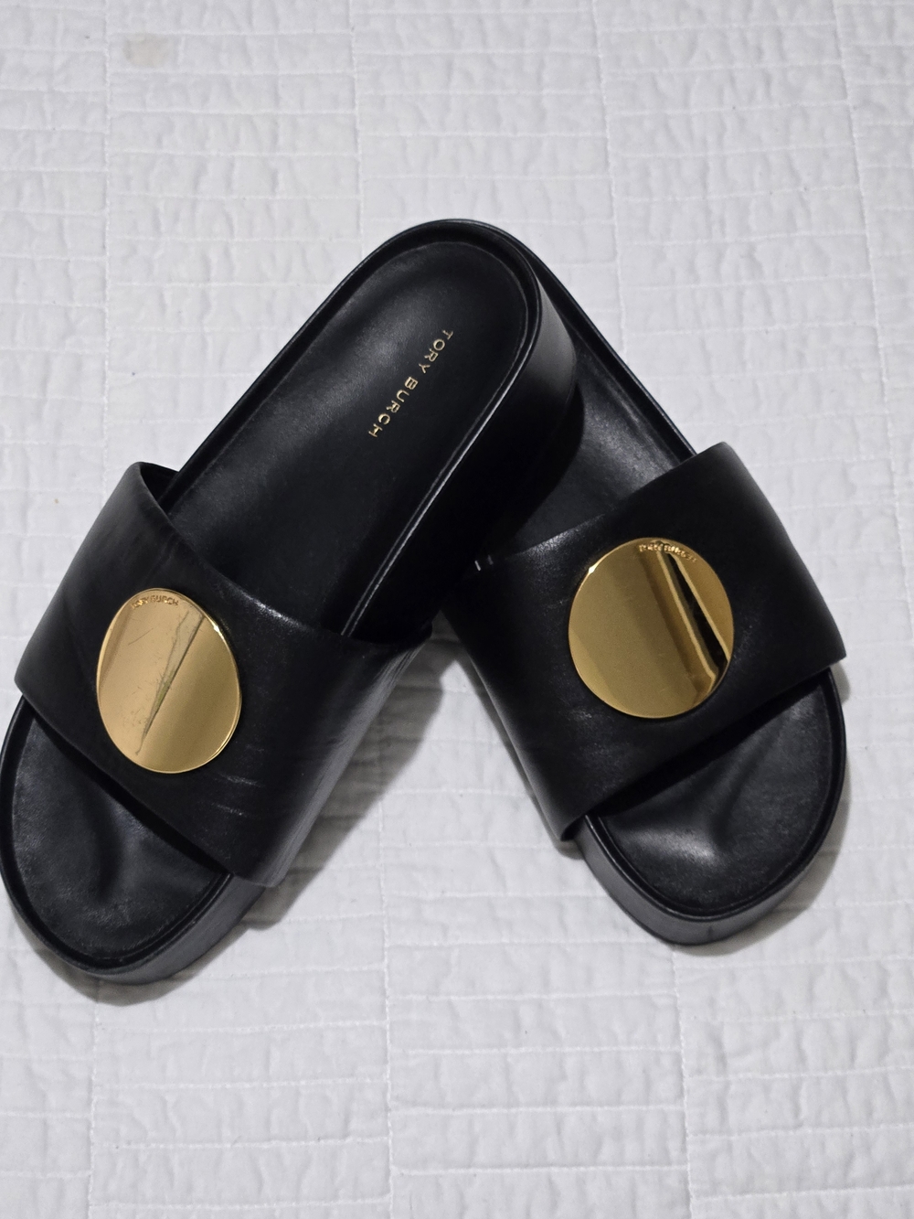 Tory Burch Black Slide Sandals with Gold Medallion - Picture 2 of 9